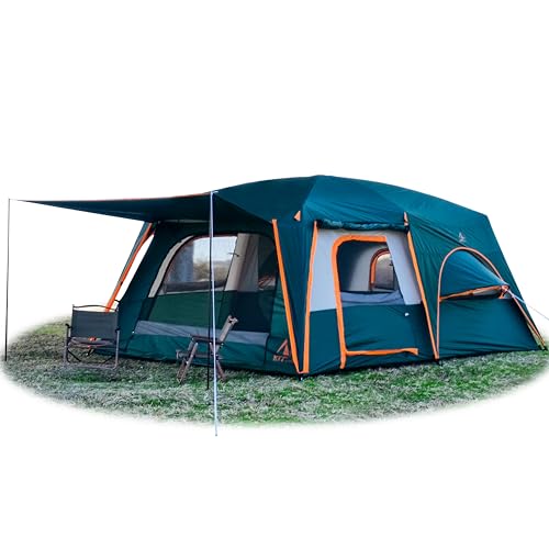 KTT Extra Large Tent 12 Person,Full Rainfly,2 Bay-Windows,Family Cabin Tents,14'Lx10'Wx6.58'H,2 Rooms and 3 Doors 3 Windows with Mesh,Waterproof,Straight Wall,Big Tent for Outdoor,Picnic,Camping