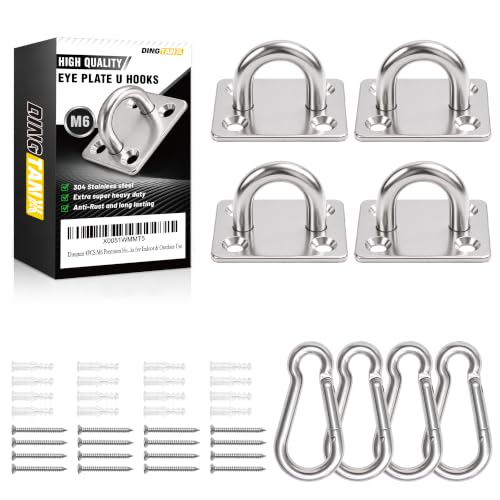 4Pcs M6 304 Stainless Steel Heavy Duty Pad Eye Plates w/Snap Hooks | Rustproof 304 SS Pad Eye Plates w/ Hooks, Heavy Duty for Indoor Outdoor Use, Fits Hammock Swing Yoga Sling Ceiling Mount