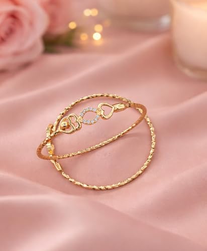 Image of Gold Plated Heart Bangle Bracelet, Twisted Rope Design with Black and Crystal Accent, Adjustable Cuff Style, Fashion Jewelry for Women