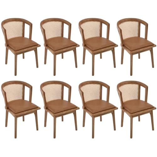 CIMOTA Mid-Century Modern Rattan Wood Dining Chairs Set of 2, Farmhouse Kitchen Chairs with Barrel Cane Backrest/Upholstered Seat/Natural Oak Finish for Dining Room/Cafe/Bistro, Linen Beige