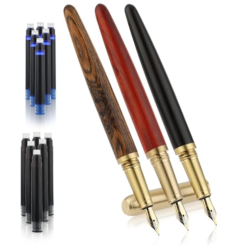 Amaxiu Conjunto de 3 canetas-tinteiro de luxo, de madeira, vintage, de ponta fina, feita &agrave; m&atilde;o,...