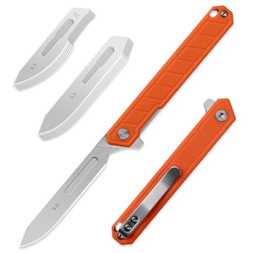 Image of OLITANS G046 Mecha Mini Slim Folding Scalpel with 5pcs #24 and 5pcs #60 G10 Handle with Liner Lock, Utility EDC Pocket Knife with Back Clip(Orange)