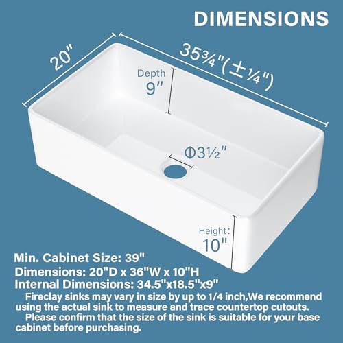 Homlylink 362010HM-3 Farmhouse Sink 36 X 20 Inch, Ultra Large Farm Sink,10 Inch High White Apron Sink, Wide Fireclay Farmer Barn Sink, Deep Undermount Kitchen Sink Single Bowl,With Accessories 2 Types thumb #5