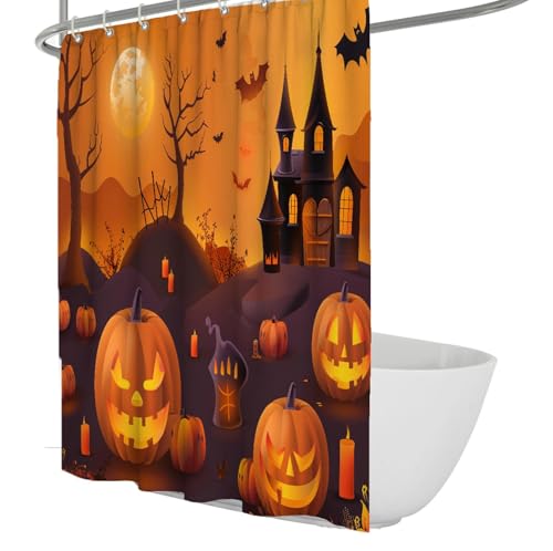 Cortina de Ducha de Terror Halloween Pumpkin Moon Castle Bat Conjunto de Cortinas de Ducha de Tela Naranja con Ganchos Decoración de Cortinas de baño de Tela Impermeable 180x180