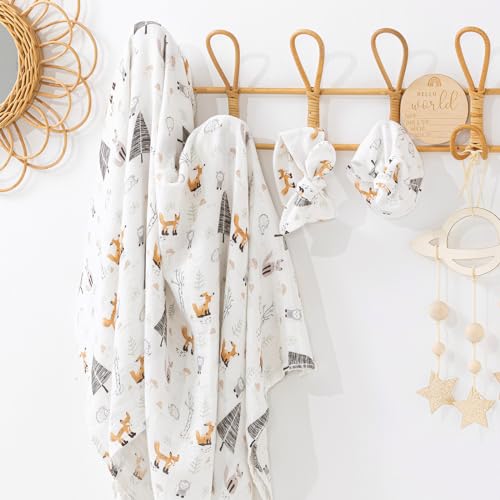 Image of BabyWhale Muslin Swaddle Blanket with Hat and Headband Bow, Animals Print Swaddle Set for Baby Boys ＆ Girls, Newborn Soft Receiving Blanket Wrap, Owls, Foxes, Hedgehogs Pattern, 47x47 inches