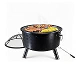 Relaxdays Feuerschale, HxØ 62 x 66 cm, mit Grillrost, Funkenschutz & Schürhaken, Feuerstelle Garten, Feuerkorb, schwarz