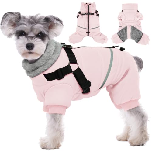 Image of BRKURLEG Small Dog Winter Coat with Harness Built in, Winter Jackets for Dogs, Fullbody Dog Coat, Dogs Snowsuits Reflective Windproof Cold Weather Coats, Pet Warm Fleece Coats, Pink, L