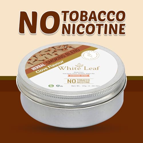 Image of White Leaf Herbal Smoking Blend 100% Tobacco Free & Nicotine Free(30g) Ayurvedic & Organic Herb Mix For Smoking | Herbal Smokes Clove Blend Herbs Mix