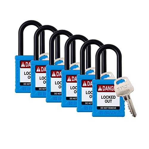 Image of Brady Safety Lockout Padlock Sets - 6 Pack - Blue - Keyed Alike Safety Lockout Padlocks - 1 Key Per Lock - SDPL-BLU-38PL-KA6
