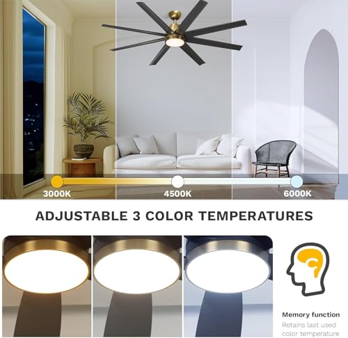 DWVO 65 Inch Ceiling Fans with Light and Remote, 8 Blade Large Ceiling Fan with Quiet Reversible DC Motor, 6-Speed, Dimmable 3 Color Temperatures, Memory Function for Living Room, Dining Room, Bedroom