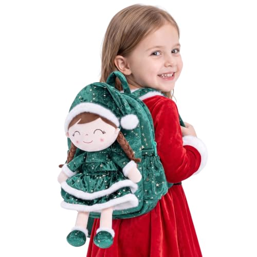 Image of Gloveleya Plush Backpacks Toddler Backpack Removable Doll and Backpack Baby Girl Gifts for 2 to 8 Years Girl Birthday Gifts with Green Doll