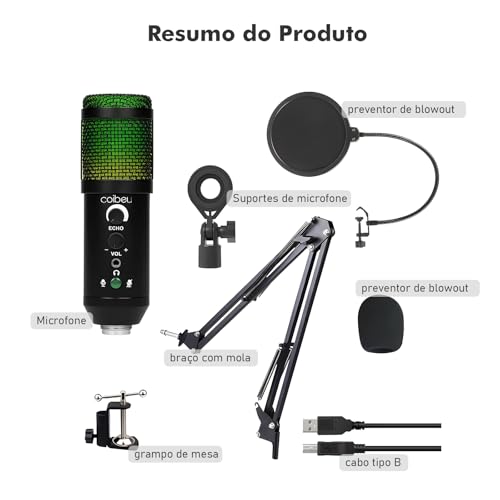 Microfone Condensador RGB, Microfone de Mesa, Microfone Gamer – Com Cancelamento de Ruído, Conexão U