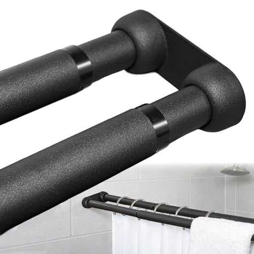 Wall Mounted Double Shower Curtain Rod for Bathroom Adjustable 27 to 62 Heavy Duty Rustproof Black Double Shower Rod Easy Installation for Shower Room Dry-Wet Separation