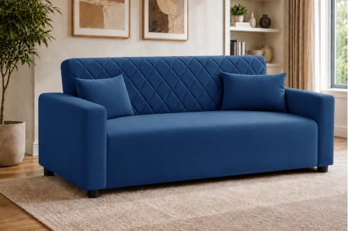 Image of Rosebell 3 Seater Wooden Sofa for Living Room, Modern Fabric Upholstered Sofa with Quilted Backrest, Cushioned Seating, Padded Armrests & Sturdy Wooden Frame - Blue
