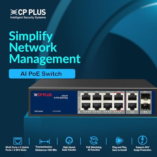 Image of CP Plus AI PoE Switch | 8 Gigabit PoE Ports + 2 Gigabit Uplink Ports + 2 SFP Slots | 120 W PoE Budget | H /W IP65 Outdoor | AI Watchdog & 6 kV Surge Protection [CP-ANW-GPU8G2F2-N12]