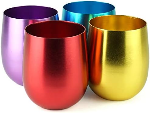 CLW Aluminum Stemless Wine/Old Fashion Glass, Set of 4, 4-Color in a Set (Purple/Blue/Pink/Gold), 21oz (Large)