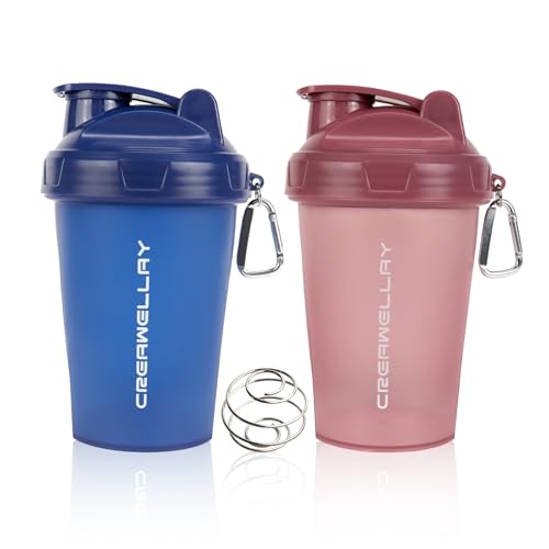CREAWELLAY 2 Pack Shaker Bottles for Protein Mixes, 17 oz Small Protein Shaker Bottle with Handle, Gym Shaker Cups with Blending Ball for Pre Workout, BPA-Free & Dishwasher Safe (Blue, Pink)