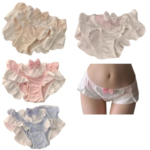 Cute Panties Underwear Bow Lace Soft Girl Sweet Lady Kawaii Candy color Sweet Lolita Bikini Soft Pure Cotton（4 Packs） (Medium) White