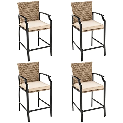 Tangkula Patio Rattan Bar Stools Set Of 4, Outdoor Wicker Bar Height Chairs W/Soft Cushions, High Backrest & Curved Armrest, Convenient Footrest, Ideal For Garden, Poolside, Balcony #TOP23