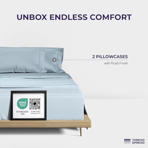 Image of THREAD SPREAD 100% Egyptian Cotton Pillow Cases Queen Size Set of 2 - Luxury 2000 Series Queen Pillow Cases (21 inch x 32 inch, Light Blue), Soft Cooling Envelope Closure Hotel Egyptian Cotton Pillowcases