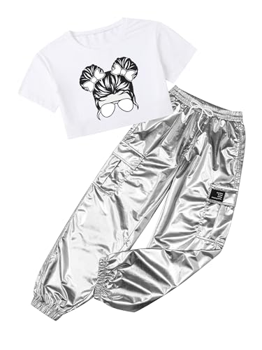 Image of Betusline Girls 2 Piece Set, Short Sleeve Sunglasses Print Crop Tops and Cargo Jogger Pants Clothes,White Silver,9-10 Years = Tag 150