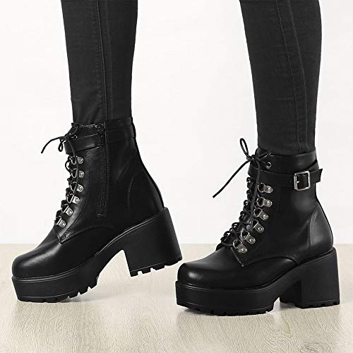 Allegra K Women's Zip Chunky Heel Platform Ankle Black Combat Boots - 7 M US