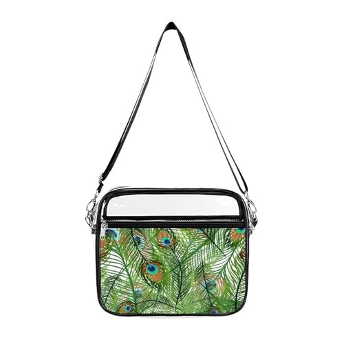 Peacok Feather Large Crossbody Bag Clear Stadium Bag Anti-Theft Side Shoulder Bags Messenger Bag with 2 Compartments