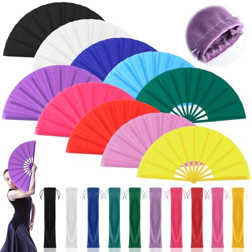 Lignumix 10pc Colorful Fans for Line Dancing with Fan Bags, 13 Large Clacking Hand Fan Foldable, Women Men Clapping Portable Fans for Rave Popping Snap Cowboy Dance Tai Chi Rehearsal Tool