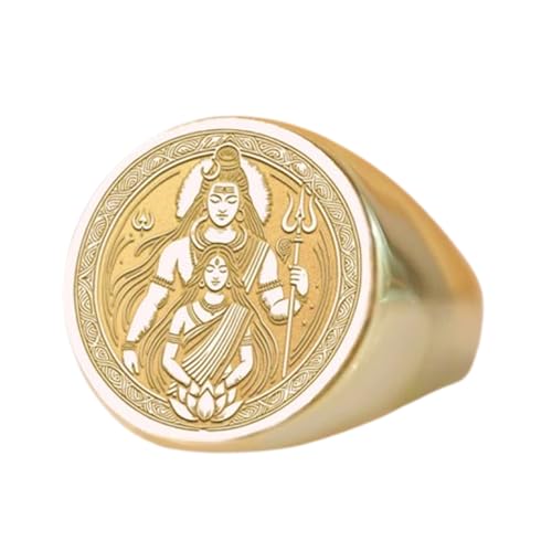 Chevalière ronde Shiva et Parvati en argent 925 plaqué or pour homme et femme