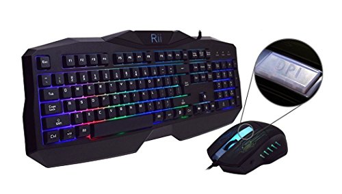 Rii Gaming Keyboard and Mouse Combo,LED Rainbow Backlit USB Wired Computer Keyboard 104 Key,Spill-Resistant Design,Ergonomic Wrist Rest Keyboard Mouse Set for Windows PC Gamer. Black