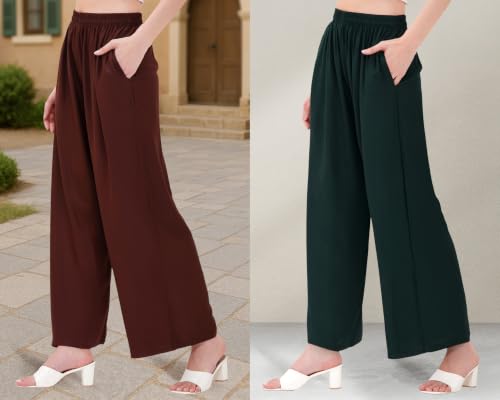 Image of Buy That Trendz Palazzo Pants for Women Rayon Elasticated Regular Fit Flared Wide Leg M to 6XL Pack of 2