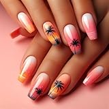 Summer Press on Nails Medium Coffin False Nails with Coconut Tree Design Beach Sunset Fake Nails Reusable Ombre Pink Stick on Nail Glossy Gradient Yellow Glue on Nail for Women Girls Manicure 24Pcs