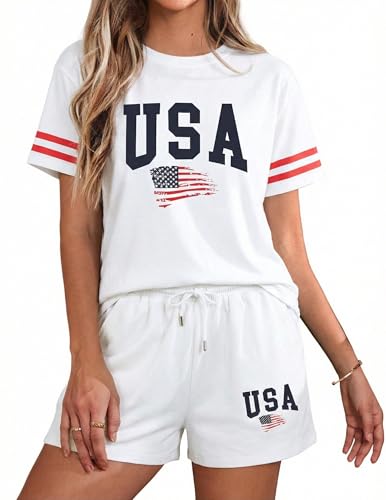 Image of VILOVE 4th of July 2 Piece Sequin Outfits Women Star Stripe Shirts and Short Sets Casual Patriotic Shirt Summer Set