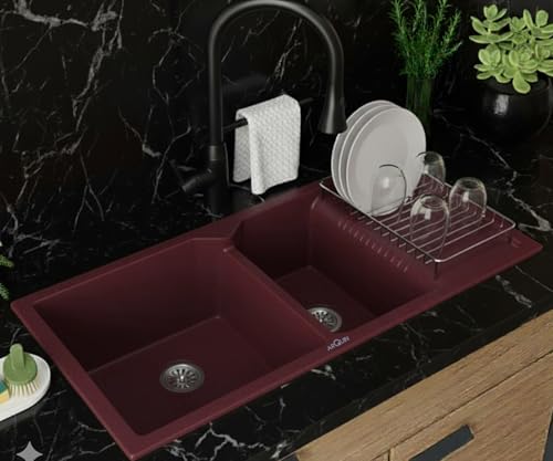 Image of ARQUIN Double Bowl Quartz With Drainboard Kitchen Sink 45x20x9 Inch Brown | Undermount,Topmount | Including Coupling,Sink Connector,Waste Pipe & Fruit Washing Basket