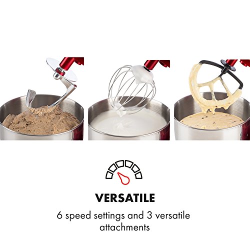 KLARSTEIN Bella Rossa • Tilt-Head Stand Mixer • Dough Hook, Flat Beater, Wire Whip • 650 W • 5.5 qt Stainless Steel Bowl • Planetary Mixing • 6 Speeds • Red - Thumbnail 4