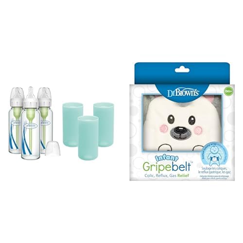 Dr. Brown's Anti-Colic Options+ Narrow Glass Baby Bottles 8oz and Level 1 Slow Flow Nipple, 3-Pack 0m+ and Mint Silicone Sleeves and Gripebelt Heated Belly Band, Hedgehog
