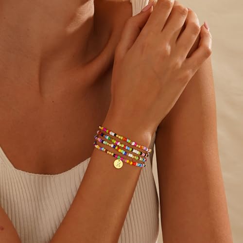 Turandoss 4PCS Colorful Beaded Initial Bracelets for Women Teen Girls - Cute Stretch Beaded Bohemian Disc Initial A-Z Stackable Bracelets Jewelry for Girls Women Teens Birthday Gifts3