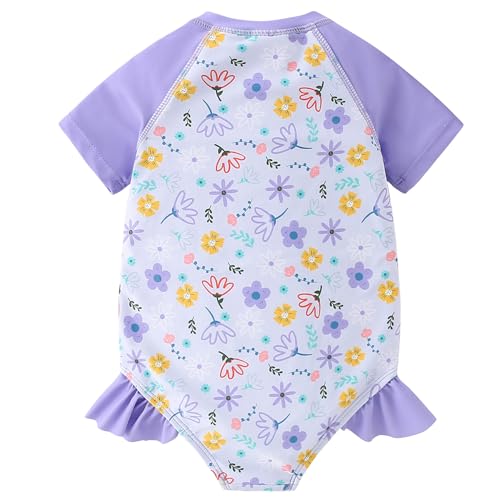 Image of AMIYAN Toddler Girls One-Piece Swimwear Short Sleeve Ruffle Swimsuit Zipper Rash Guard Bathing Suit for Little Girls 1-5Y