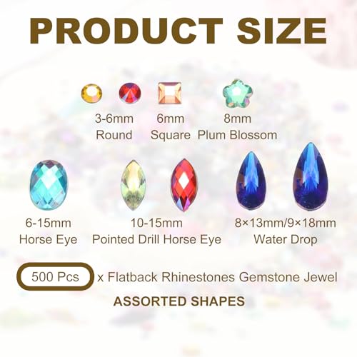 PATIKIL Mixed 500Pcs AB Colorful Crystal Rhinestones, Gems Rhinestones Flatback Acrylic Gemstone Jewel Assorted Shapes for Nail DIY Craft Party Decorations - (Multicolor AB)