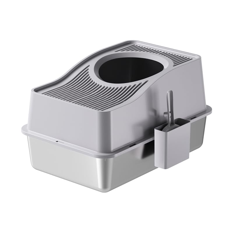 Crevyteg Stainless Steel Cat Litter Box, Fully Enclosed Litter Boxes with Hollow Lid And Heightened Lid Anti-Splashing, Top-Entry Deodorizing Large Cat Toilet,Grey, Basin 20cm High, 60 x 40 x 39.5cm