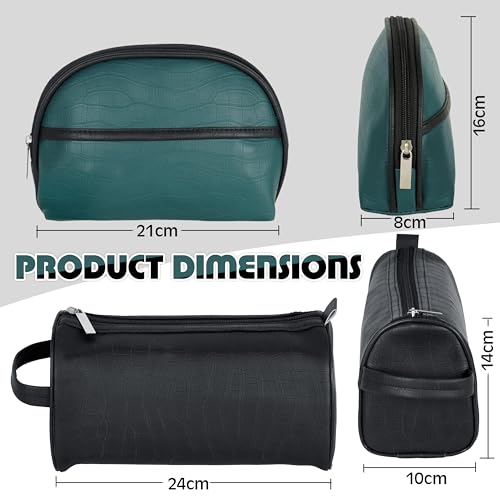 Image of SNDIA Leather 2-Set Toiletry Kit Travel Bags Shaving Kit Makeup Cosmetic Pouch For Men And Women (Him & Her) - Turquoise Black