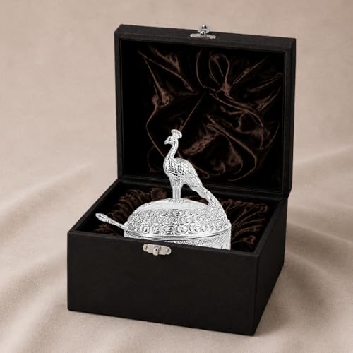Image of Diviniti Luxury German Silver Peacock Sugar Bowl with Spoon & Gift Box | Royal Decorative Dry Fruit & Mishri Container | Premium Serving Bowl for Dining, Wedding & Festive Gift (16 cm) (Silver)