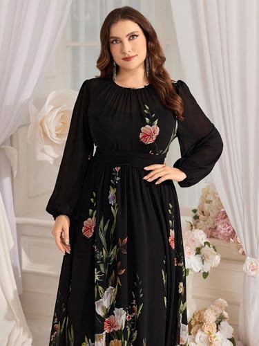 Image of Spring Summer 2024 Plus Size Womens Dresses V Neck Casual Elegant Long Sleeve Floral Print Maxi Dress