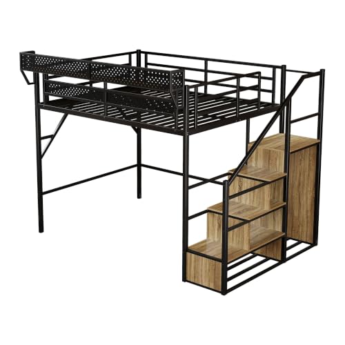 Image of Queen Size Metal Loft Bed with Reversible Stairs and LED & USB Port | Storage Shelf, Reversible Storage Stairs with Wardrobe, LED Lights,USB Charging Port,Sturdy Noise-Free Design,Large Under Bed