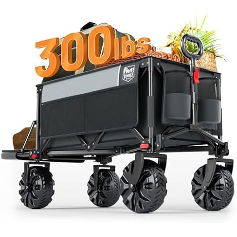 TIMBER RIDGE 47" L Collapsible Folding Wagon with Tailgate, 300lbs Heavy Duty Beach Wagon with All-Terrain Big Wheels, 250L Foldable Utility Wagon Cart for Sand Camping Sports Shopping, Gray Cover