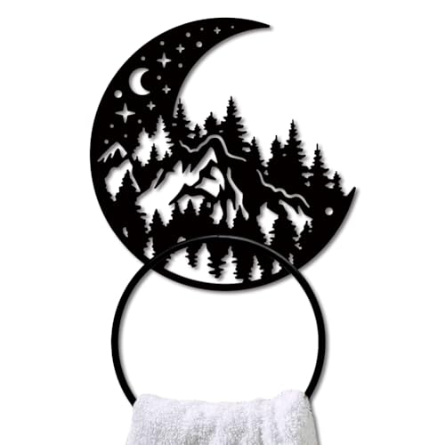 MAYJOYDIY Moon & Stars Metal Towel Ring, Nature Inspired Wall Mounted Holder, Mountain Forest Design