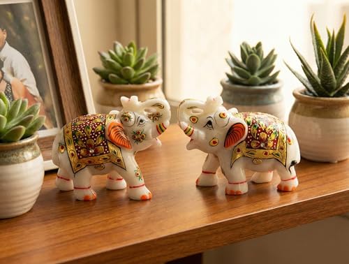 Set de 2 Figuras de Elefante en Mármol Blanco de 3"