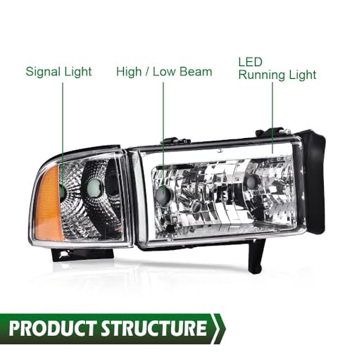 Image of GRAND ORANGE LED DRL Headlights Assembly, Compatible with Dodge Ram 1500 2500 3500 1994-2002 Headlamps Clear lens Black Housing Clear Corner Headlamps