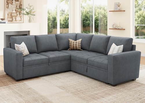 Image of HONBAY Modular Sectional Sofa with Pull Out Bed Convertible L Shaped Couch with Storage Seat Sleeper Sectional Couches for Living Room,Warm Bluish Grey