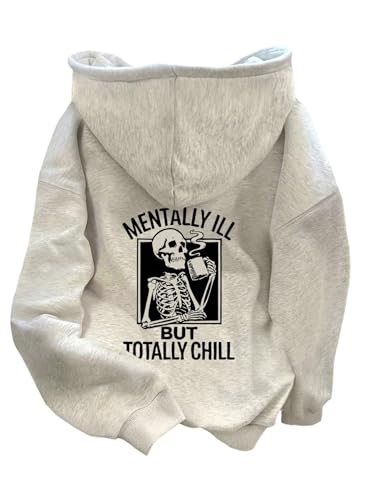 RoseSeek Womens Skull Graphic Hoodies Long Sleeve Hooded Halloween Sweatshirt Drawstring Pullover Tops Light Grey X-Large